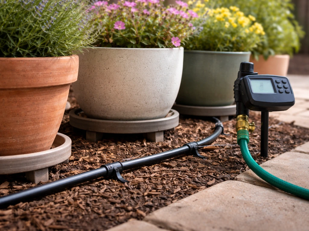 Minimal patio containers elevated on stand-offs with drip tubing and a small irrigation timer by a hose connection.