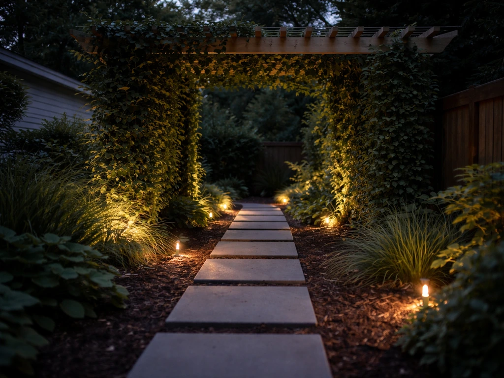 Wooden trellis covered in climbing plants beside a softly lit patio walkway with low-voltage path lights.
