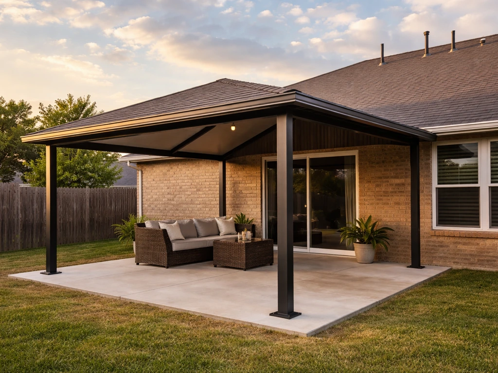 Finished hip/gable patio cover shading a backyard patio in a Houston-style home at golden hour.