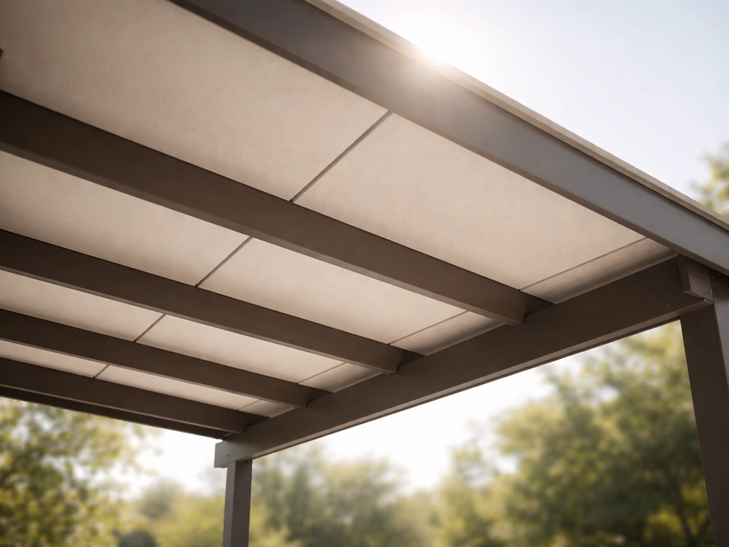 View under a solid patio roof where panels block direct sun rays for shade and UV protection.