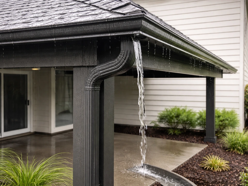 Hip/gable patio cover gutter and downspout shedding rainwater onto a concrete edge.