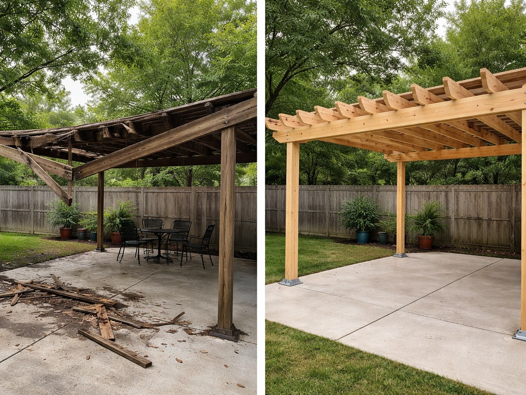 Backyard patio cover showing a damaged section beside a freshly rebuilt, reinforced section.