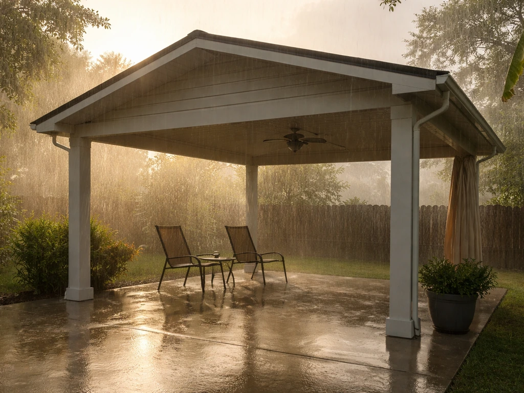 Minimal photo of a Gulf Coast patio shaded by an HHI-style cover, with rain and humid sunlight in Houston-like weather