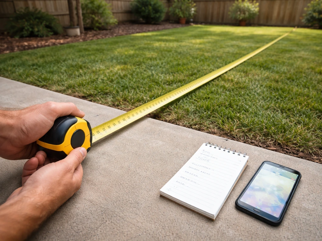 Hand holding a 25-foot tape measure over a patio with a phone showing a layout start screen concept