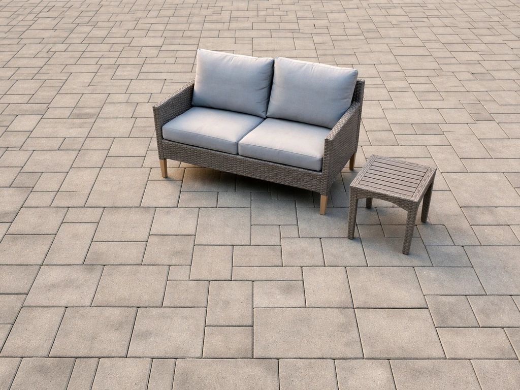Top-down view of a simple paver patio with a small outdoor seating set centered on the grid
