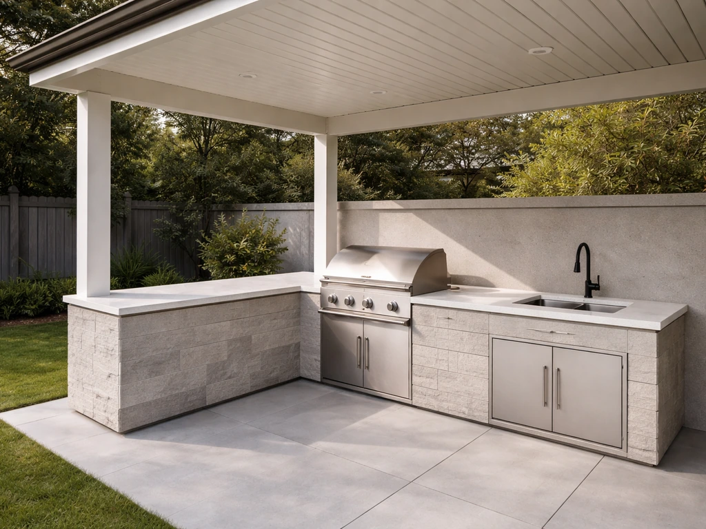 3D-style preview of a covered outdoor kitchen with grill, countertop, sink, and overhead canopy.