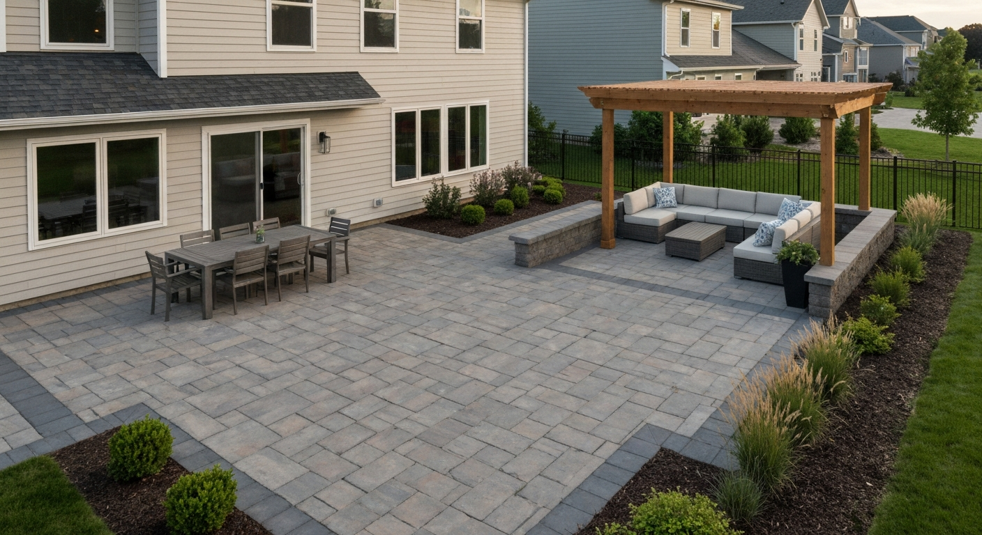L-shaped paver patio wrapping a house, with a dining area near the back door and a lounge area under a pergola, surrounded by planted beds and a low retaining wall.