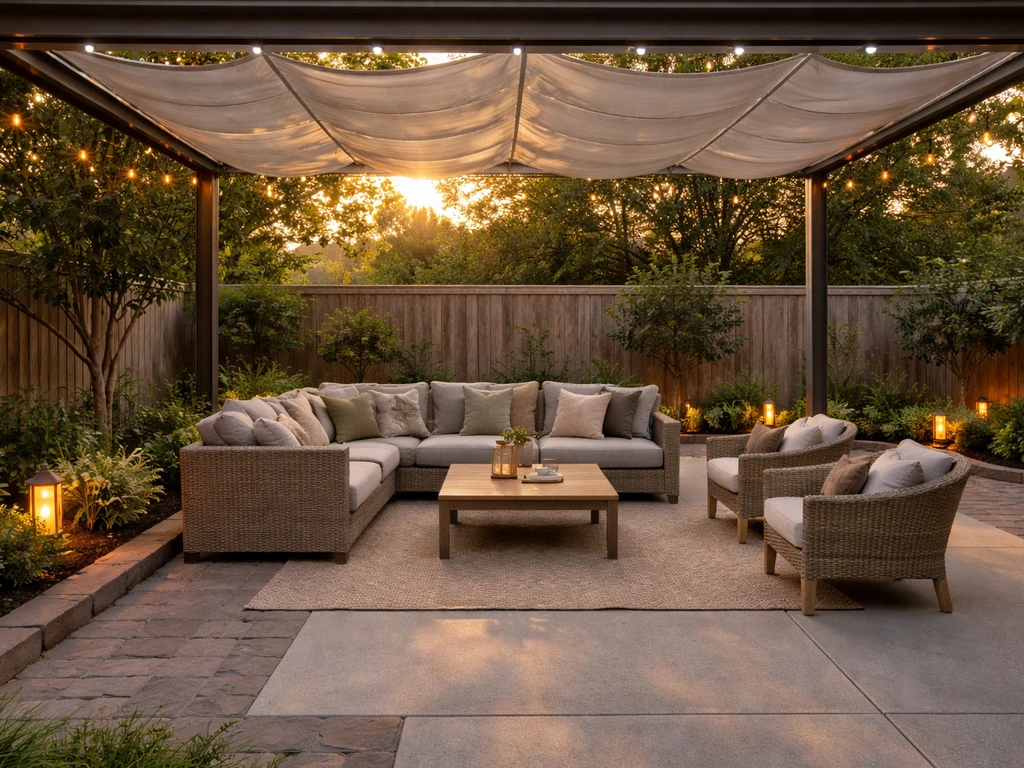 Wide backyard patio with layered seating, paver and concrete flooring, warm lights, and shade for comfort