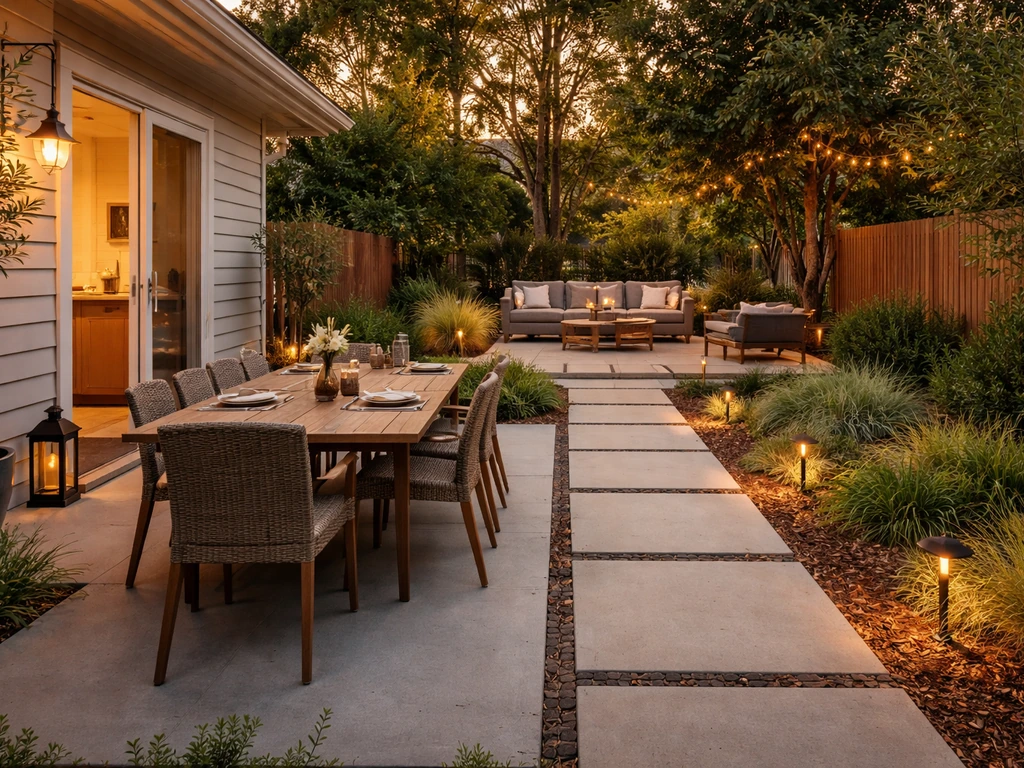 Backyard patio with dining near the house and a lounge farther out, connected by a clear walkway.