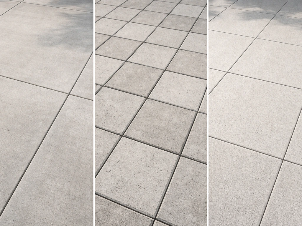 Three small patio material sections side by side: concrete slab, concrete pavers, and porcelain tile in natural tones.