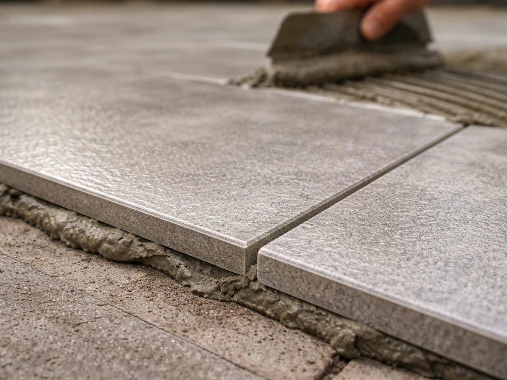 Close-up of slip-resistant outdoor porcelain paver tiles being set with mortar on a patio base