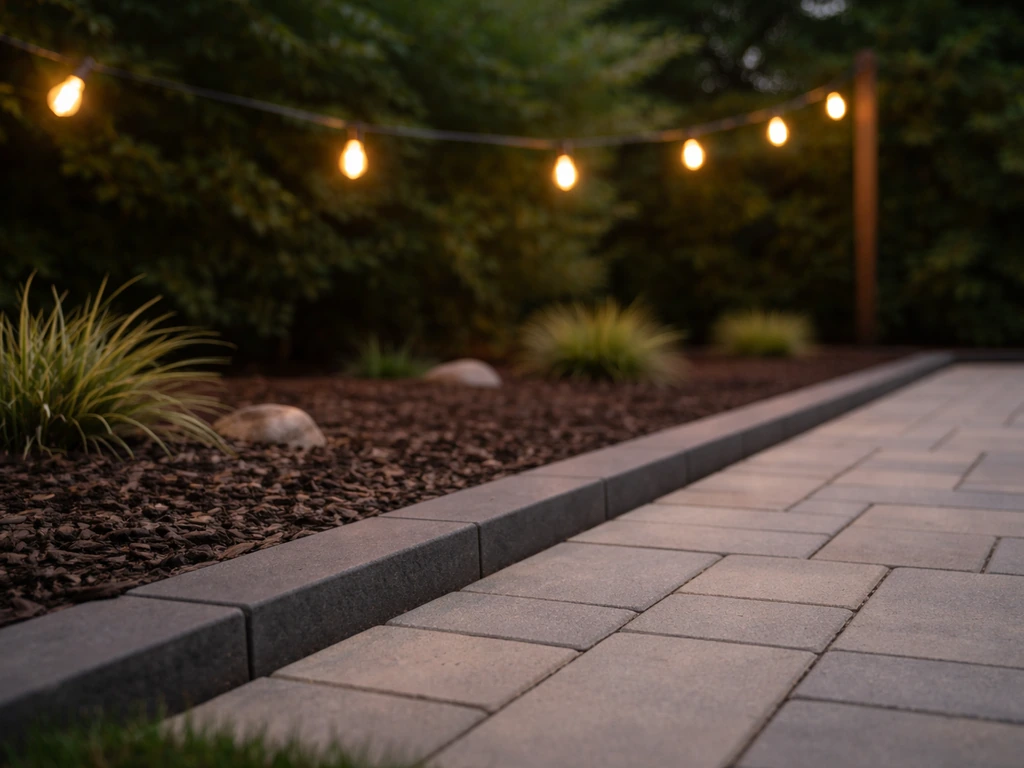 Close-up of warm string lights and matching trim outlining a cozy backyard patio at dusk