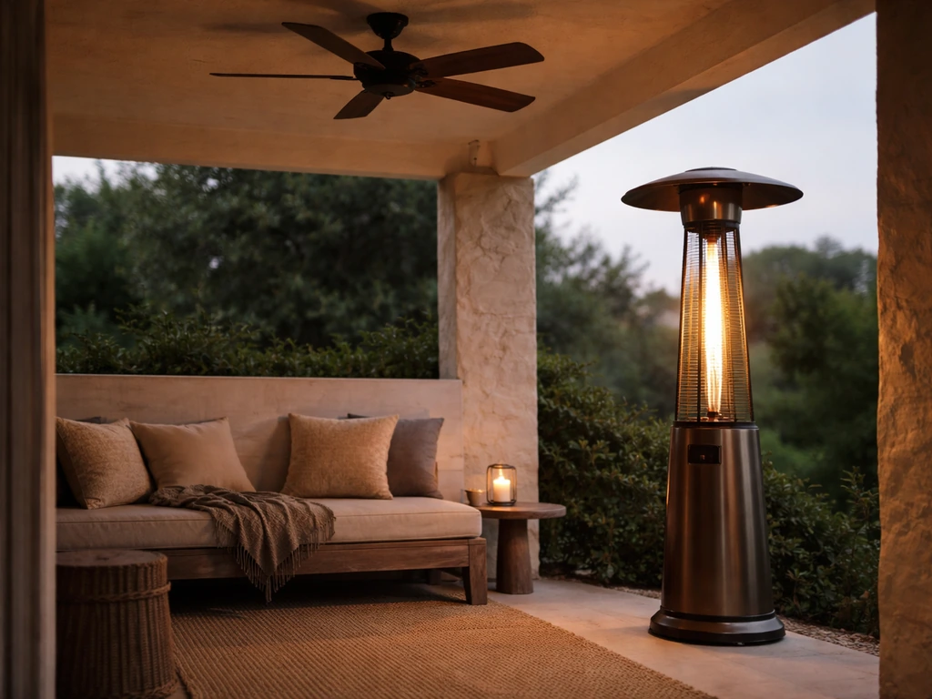 Warm patio heater glowing under a covered ceiling with a gentle evening fan breeze.