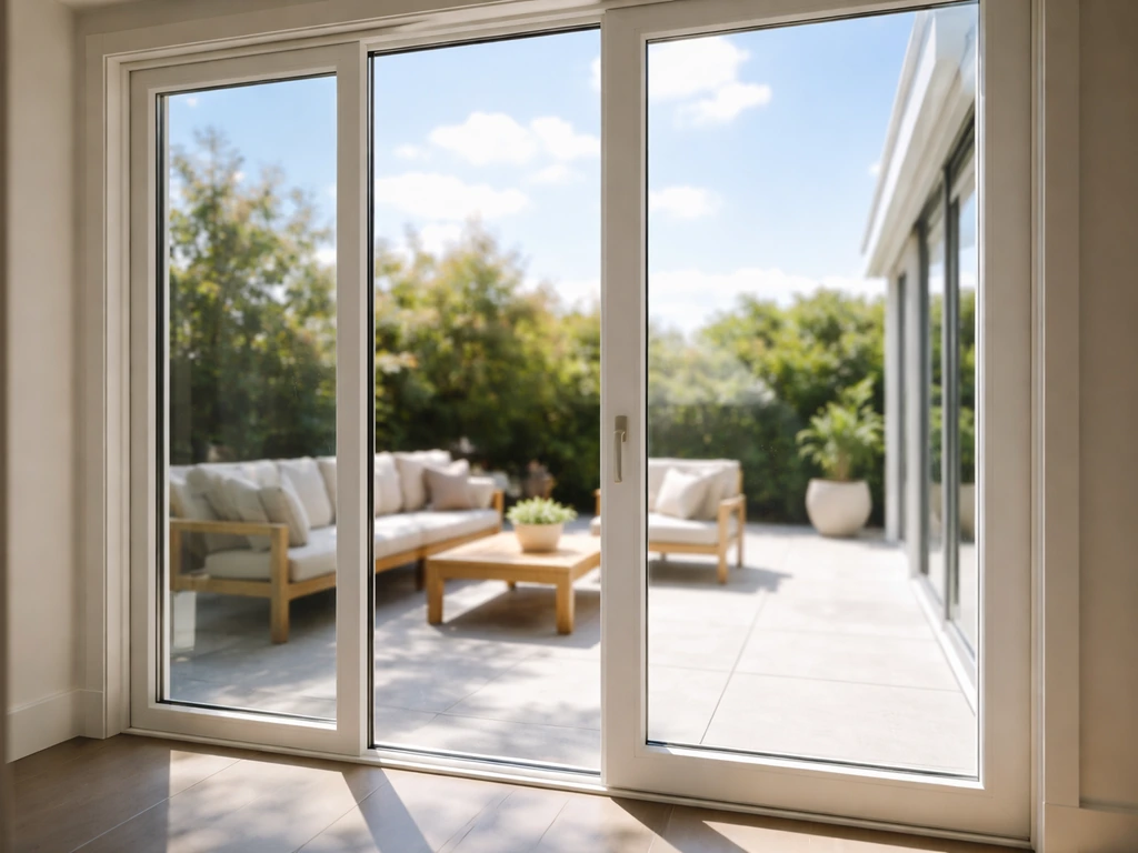 Sunlit patio doorway with large glass windows and sliding door, showcasing an indoor-outdoor connection.
