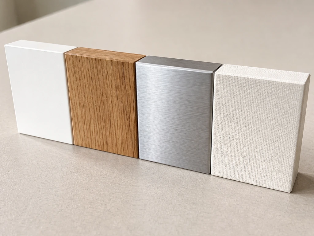Close-up side-by-side samples of vinyl, wood, aluminum, and fiberglass patio frame materials.