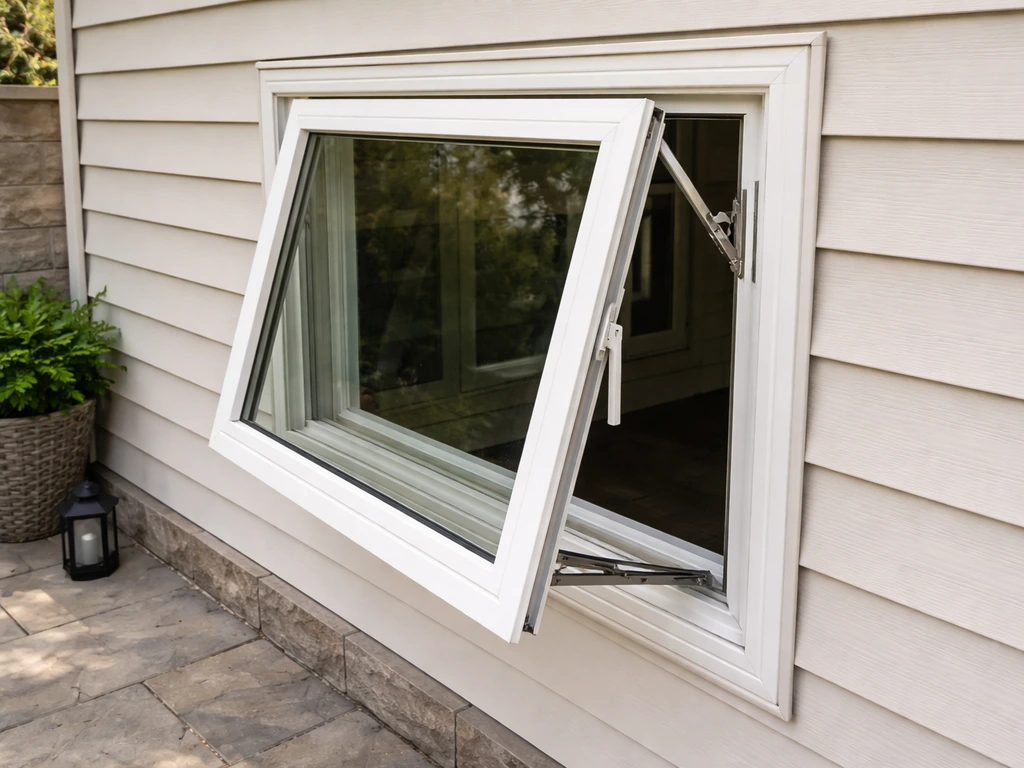 Open casement/awning patio window unit with visible hinges on a home exterior, no people.