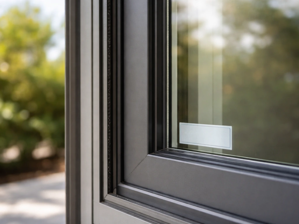 Outdoor view of a patio door frame with weatherstripping and a small inset energy rating label.