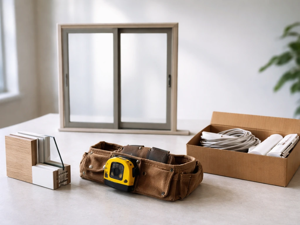 Minimal tabletop scene showing patio door components representing unit, labor, and trim costs.
