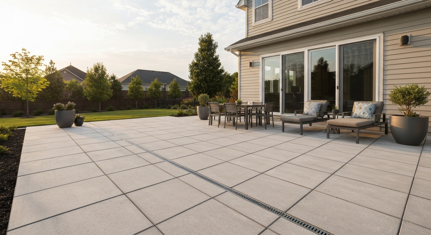Modern low-maintenance backyard patio with light large-format pavers, neat joints, edge restraint, and minimal landscaping.
