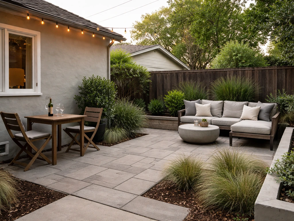 Quiet patio with separate dining and lounging furniture zones under warm natural light.