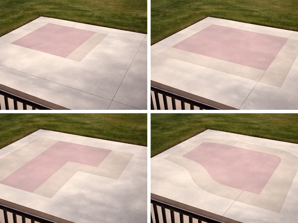 Overhead view of four simple patio footprint shapes with minimal zone overlays on neutral ground