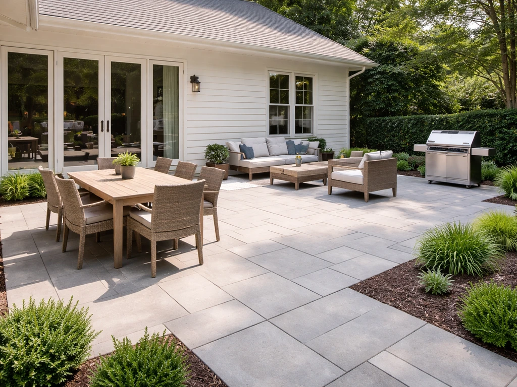 Rectangular patio with dining near house, lounge farther back, and grill off to the side with clear gaps.