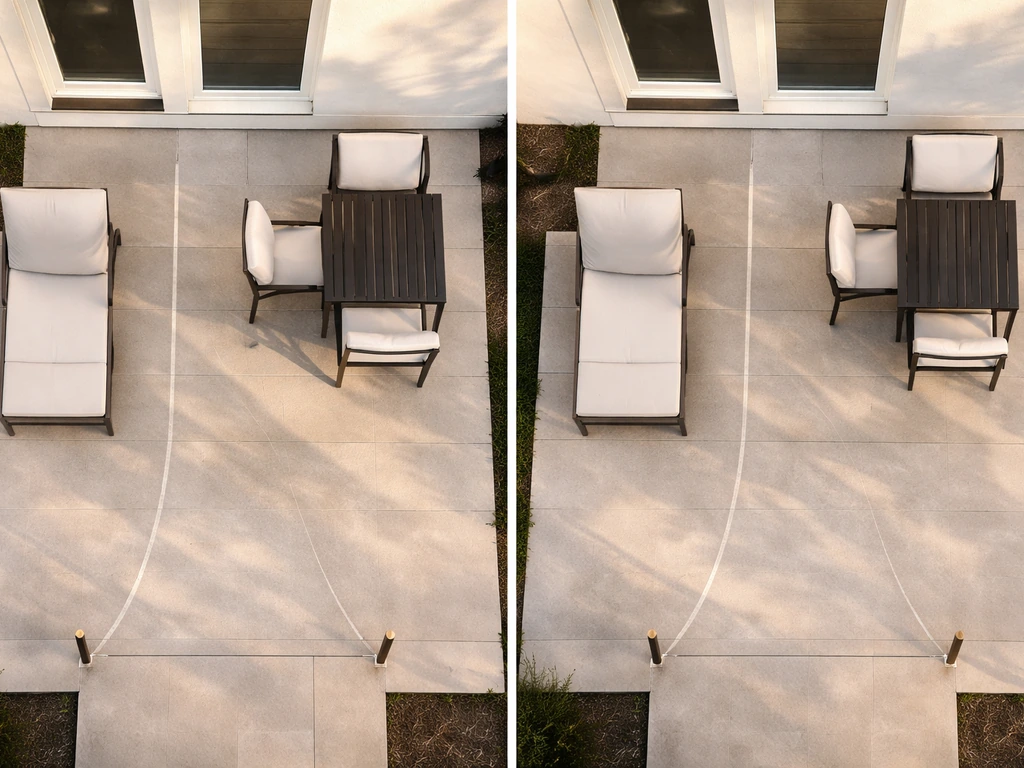 Top-down view of a patio layout showing clear pathways, open sightlines, and comfortable furniture spacing.