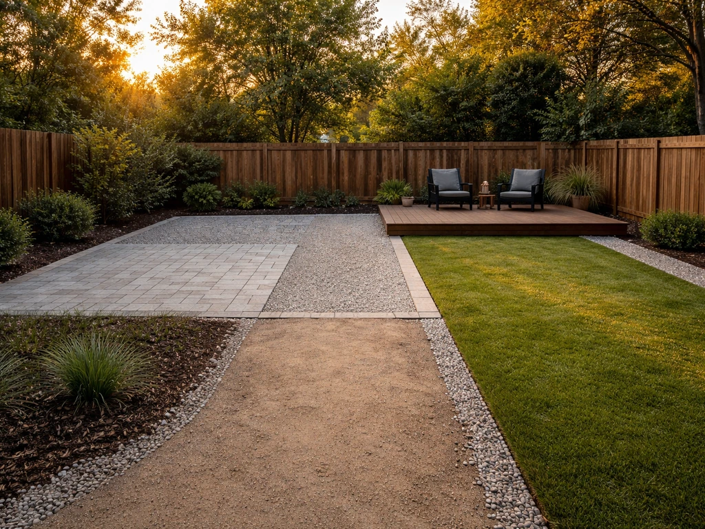 Backyard with four patio alternatives shown side by side: pavers, gravel pad, composite deck, and turf.