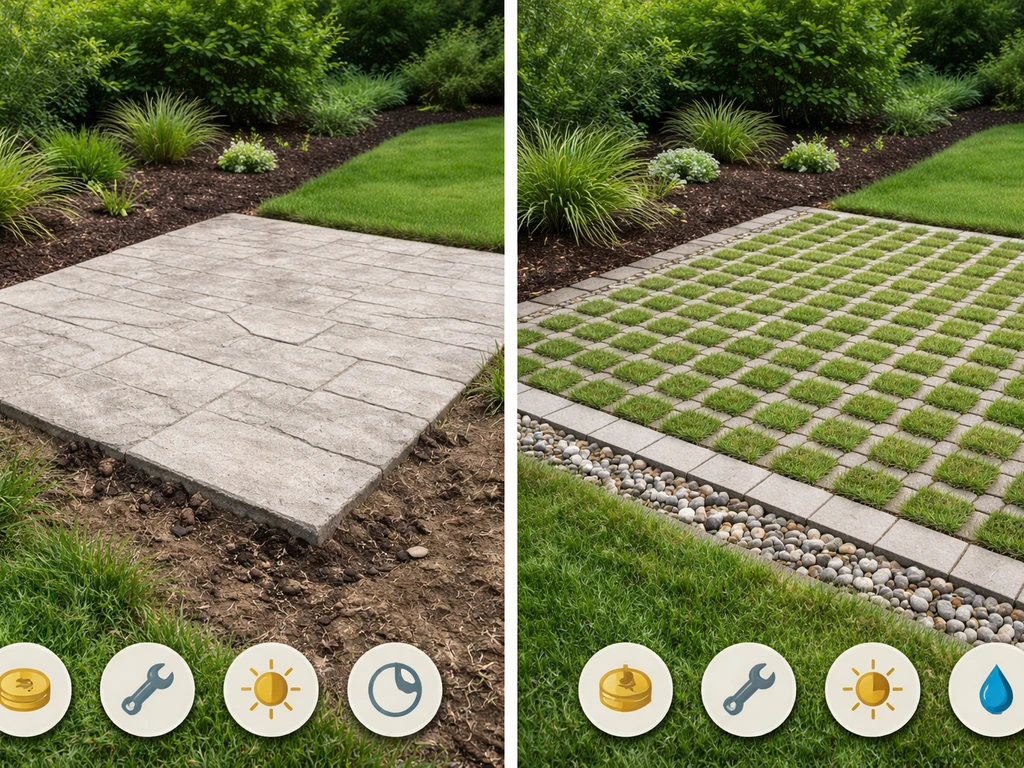 Minimal backyard comparison: left patio base vs right porous pavers with drainage symbols.