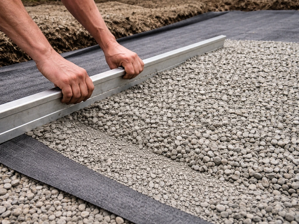 Close-up of geotextile fabric laid on compacted sub-base as aggregate is spread and leveled with a rake.