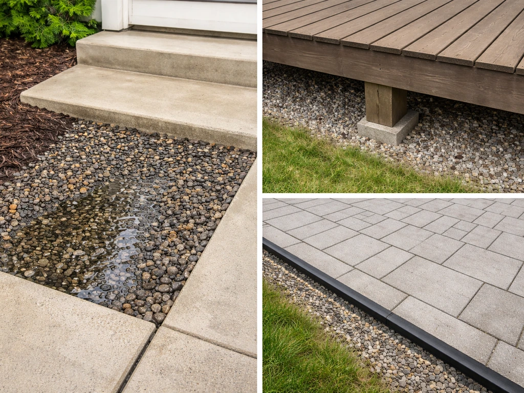 Three drainage examples: gravel permeable patch, elevated deck with board gaps, and sloped paver patio with edge restrai