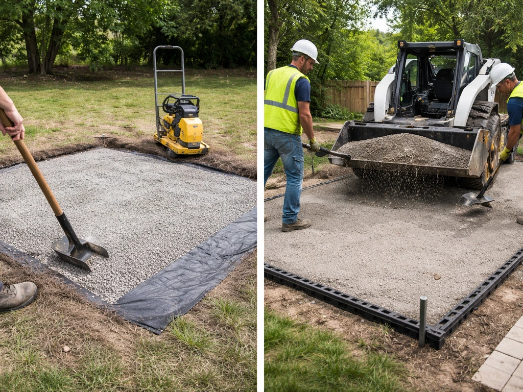 Split photo-style scene: DIY gravel pad prep with tools and rental compactor, next to pro crew laying paver/deck base