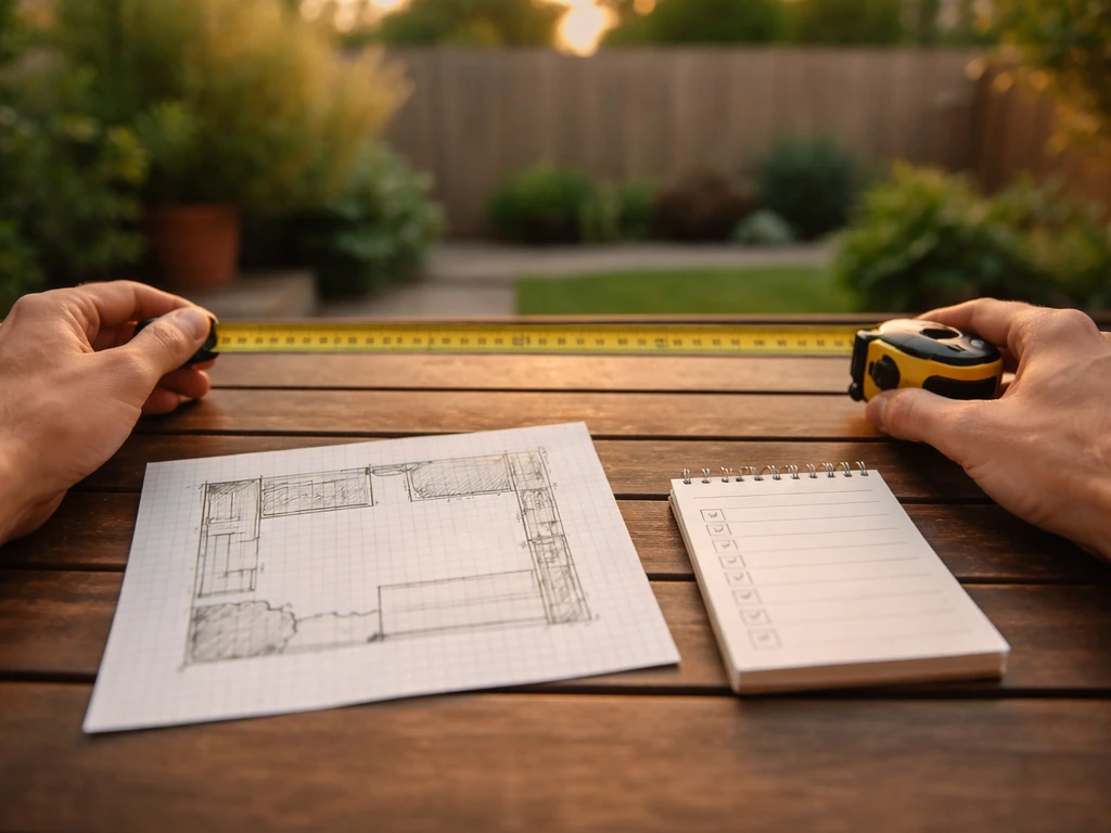 Hands measuring a backyard with a tape measure, graph paper layout, and blank checklist notes.