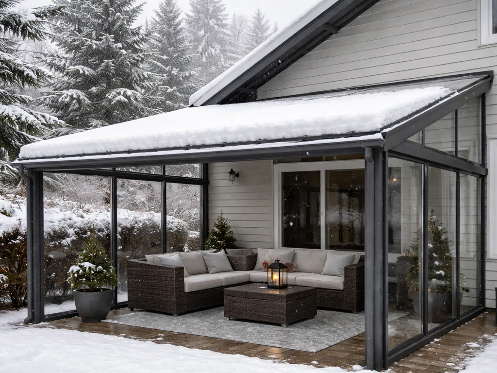 Winter patio with a sheltered patio enclosure, snow on the roof, and dry seating underneath.