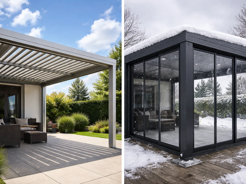 Side-by-side summer open patio shade vs winter enclosure with snow load and sturdy anchoring.