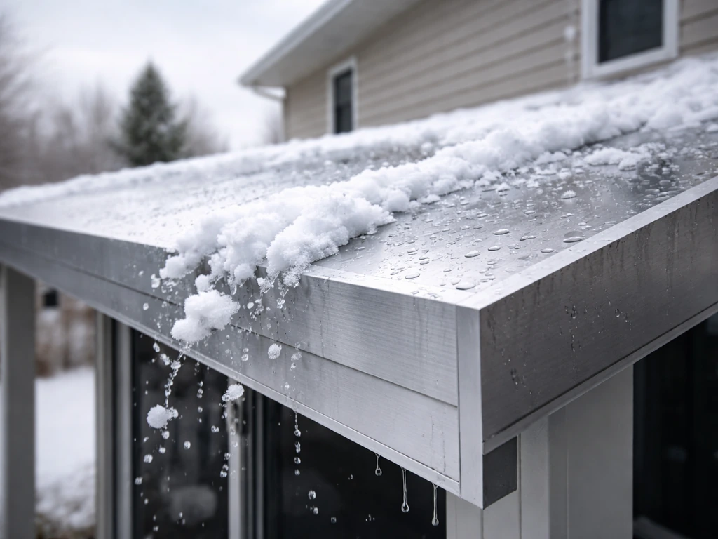 Close-up of a solid-roof aluminum patio cover with snow sliding off and raindrops on the metal.