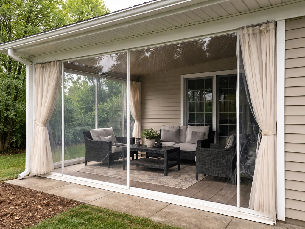 Three-season enclosure patio with clear vinyl panels and side curtains blocking wind and rain