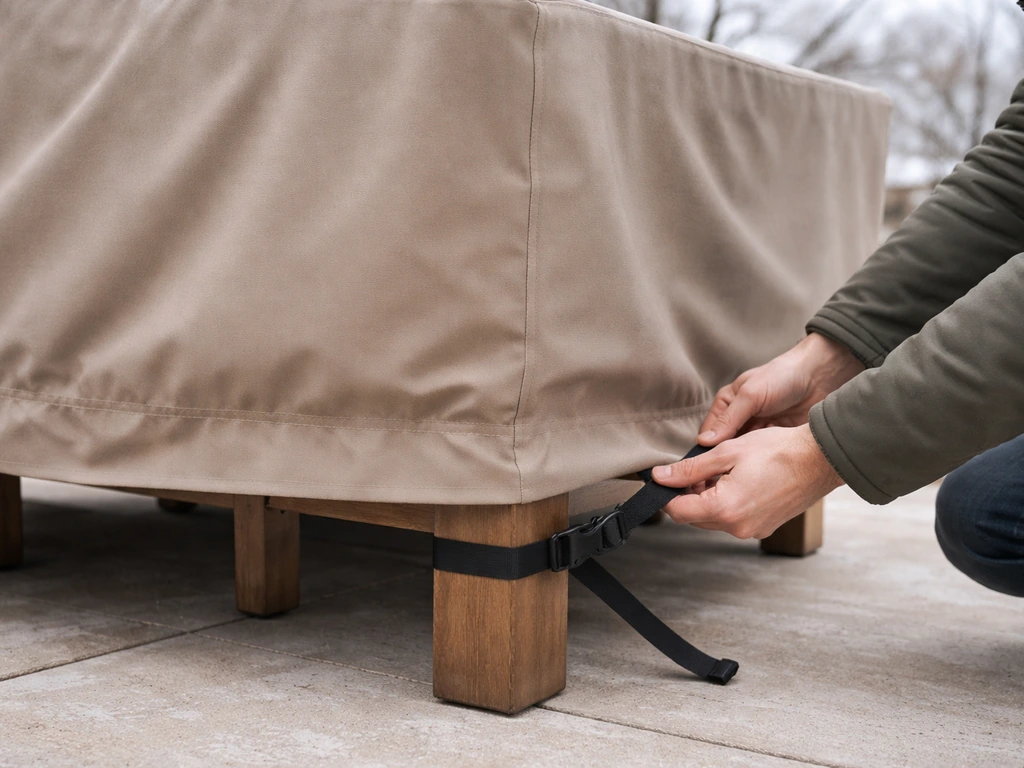 Hands tensioning a heavy patio table cover with straps to keep it secure in winter wind.