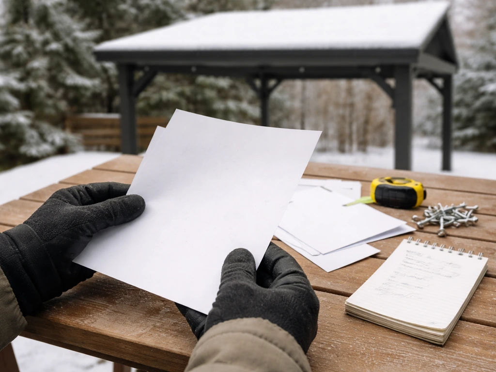 Hands checking winter patio cover spec sheets with snow-load notes and fasteners on a small patio table