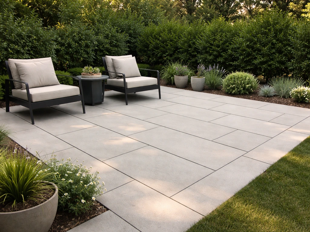 Backyard patio with modern porcelain pavers, outdoor seating, and surrounding plants in natural light.