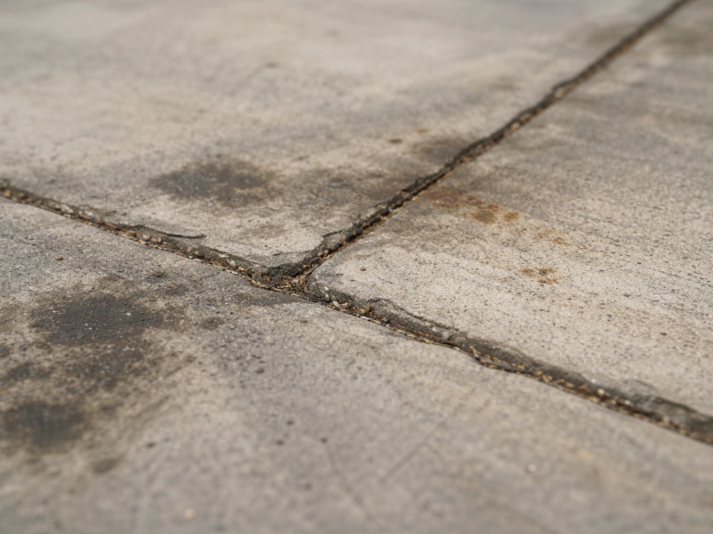 Close-up of a poured concrete patio showing hairline cracks and dark staining from dirt and grease.