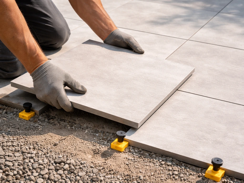 Hands installing large outdoor porcelain pavers on a prepared base with leveling spacers and visible joints.