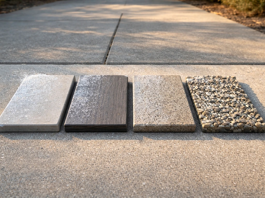 Four outdoor material swatches side by side showing freeze-thaw and UV/heat stress concept