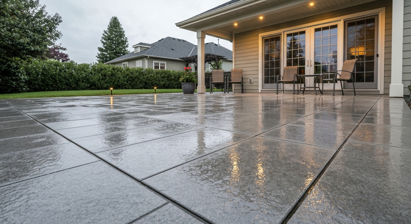 Wide view of a shaded north-facing patio with textured porcelain pavers, ventilated pergola, and subtle LED lighting; wet sheen on pavers highlights anti-slip texture.