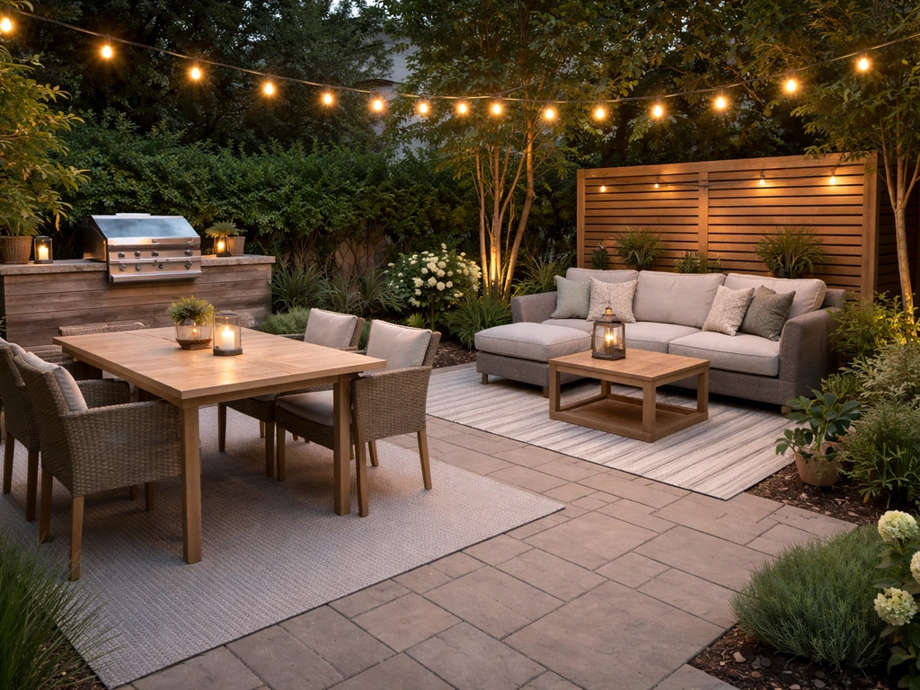 Bright patio with outdoor dining, cozy seating, grilling station, and warm string lights at dusk