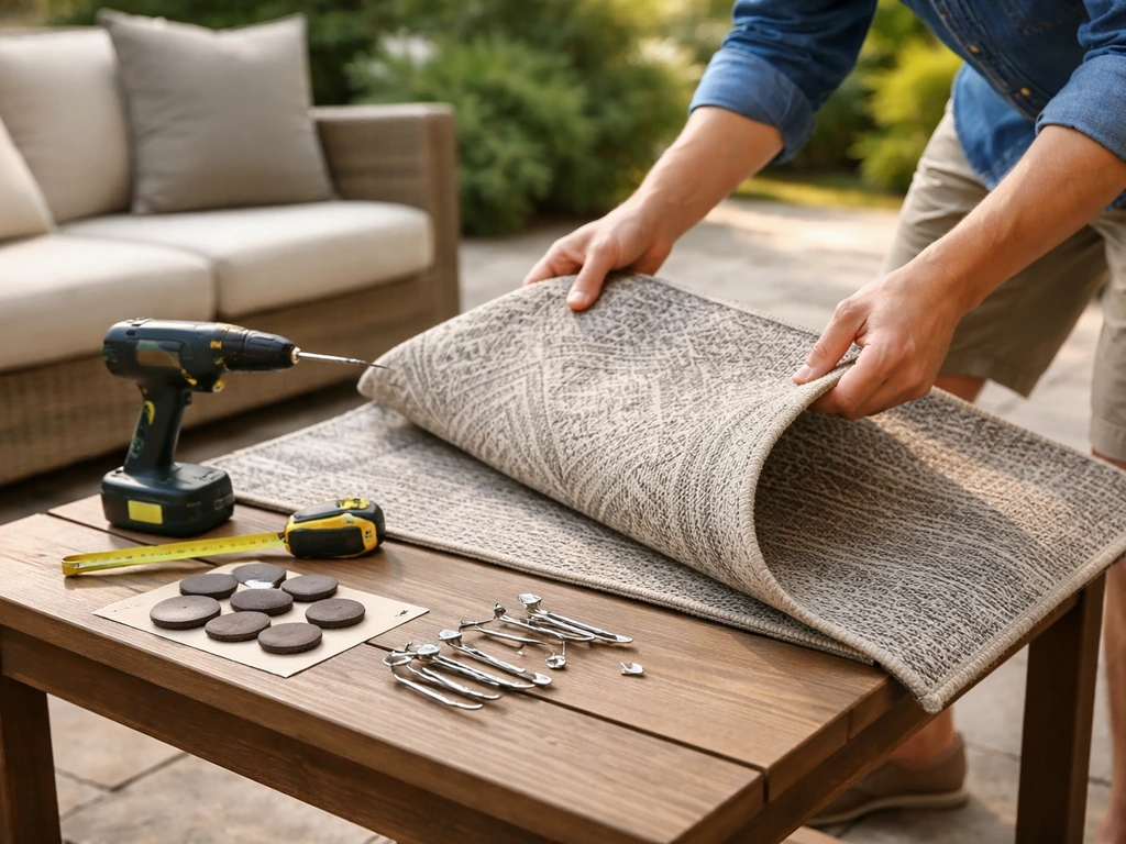 Hands repositioning an outdoor rug and small patio cushions on a weekend DIY table.