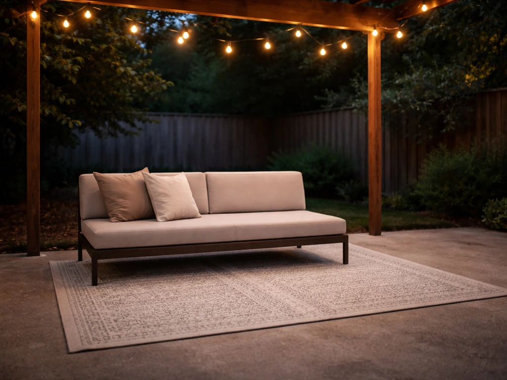 Patio seating area anchored by an outdoor rug under warm string lights