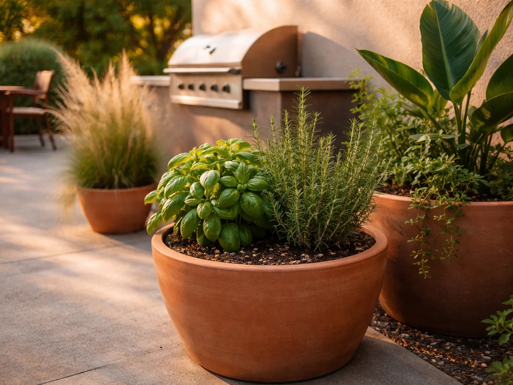 Herb planters and ornamental greenery along a patio edge near a grill and dining area