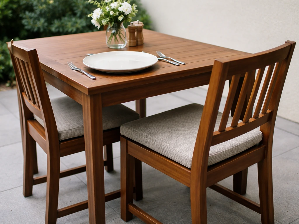 Outdoor dining setup showing comfortable chair height and table spacing for place settings