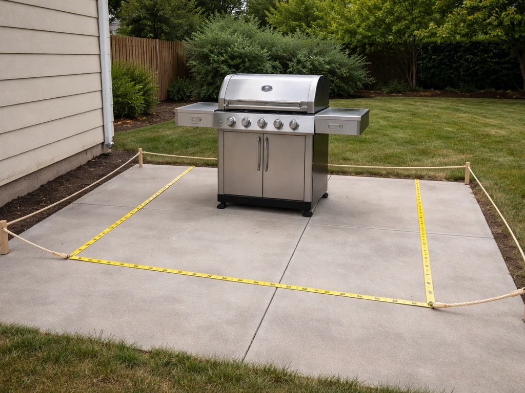 Outdoor patio gas grill with measuring tape and rope markers showing safe clearances and walking path.